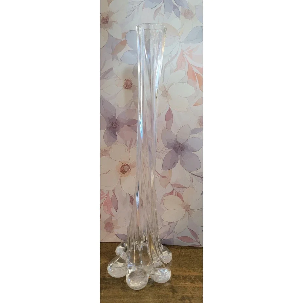 Vintage Hand Blown Clear Glass Vase – Mid Century Modern Elephant Foot Base